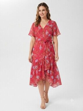 Vince Camuto Wrap Dress V-neck Fit & Flare Rushing Detail M Fuchsia Red
